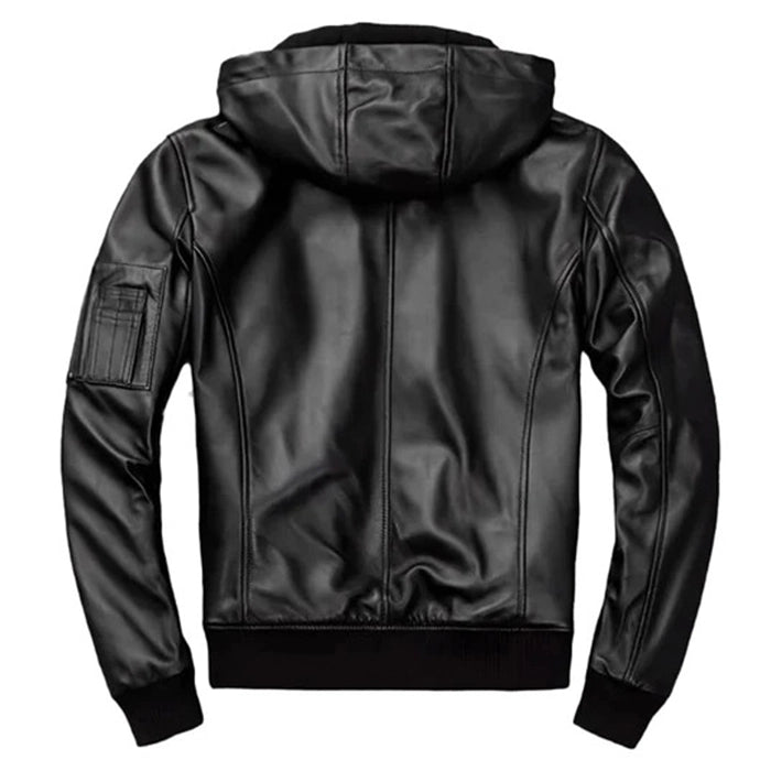 Men's Black Hooded Motorcycle Bomber Leather Jacket