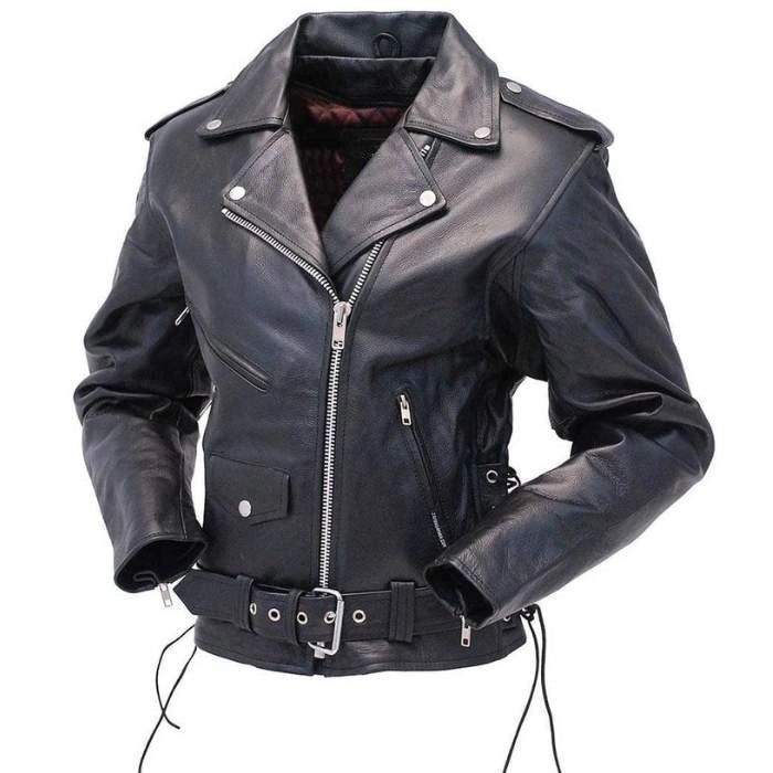 side view of women Black lace up leather jacket with silver zippers