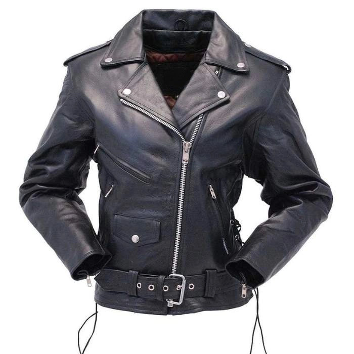 Front view of Black lace up motoo leather jacket with silver zippers