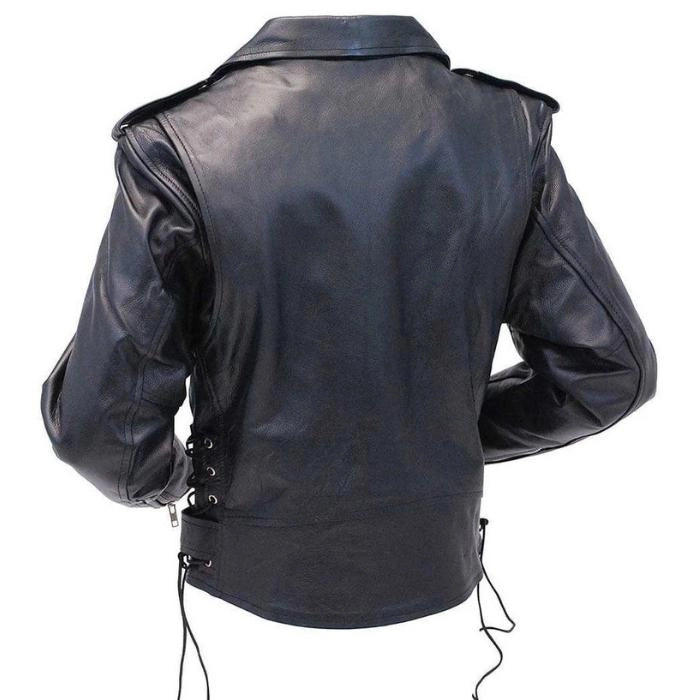 Back view of women's black lace up moto leather jacket