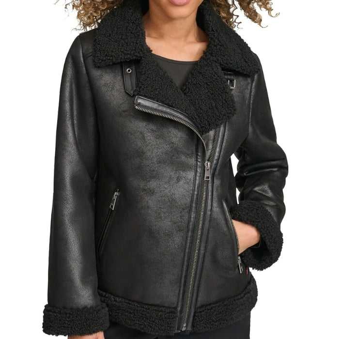 Women's Waxed Sherpa Fur Leather Jacket