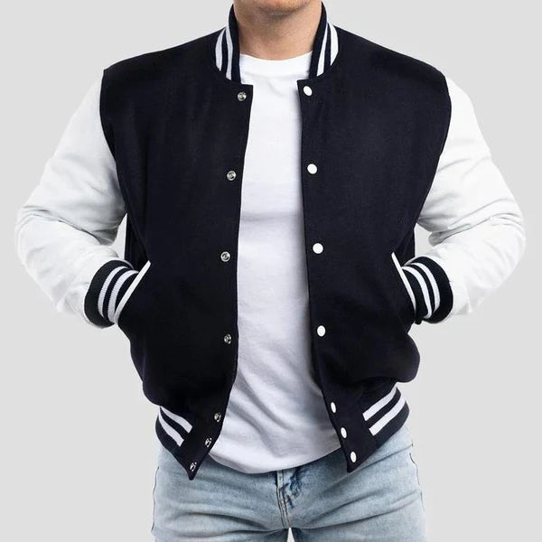 Black Wool Body & Bright White Leather Sleeves Varsity Jacket
