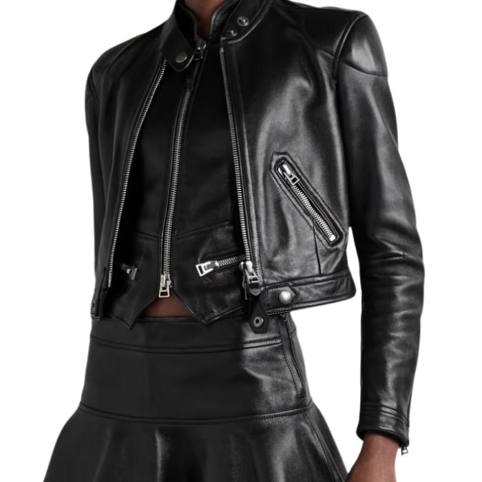 Luxury Black Cropped Leather Biker Jacket