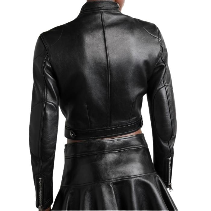 Luxury Black Cropped Leather Biker Jacket