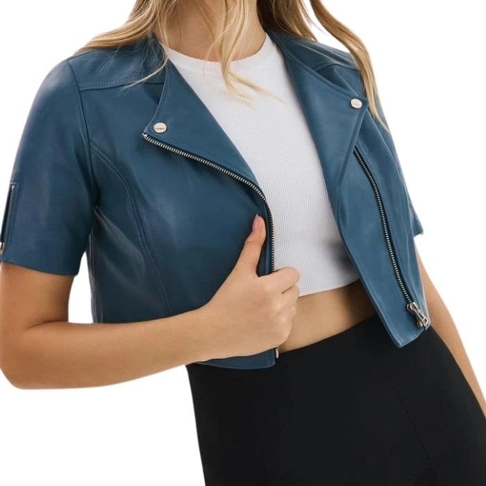 Azurra Short-Sleeve Cropped Leather Biker Jacket