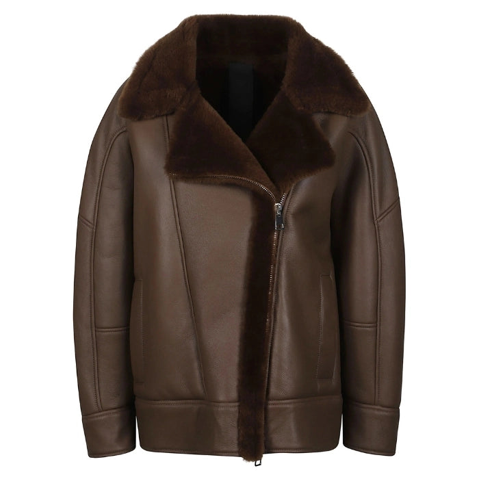 Briselle Brown Leather Shearling Sheepskin Biker Jacket