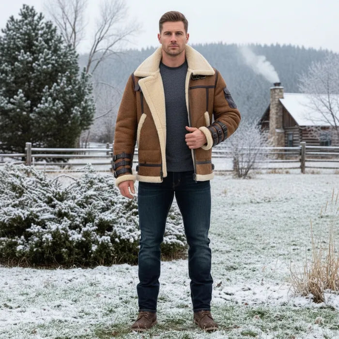 RAF B3 Aviator Style Shearling Brown Bomber Leather Jacket