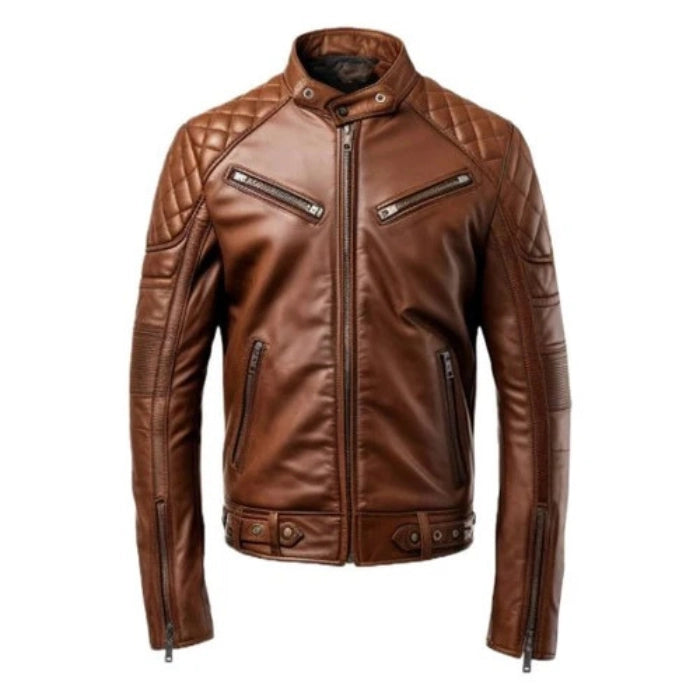 Front view of Brown racer biker leather jacket with quilted design