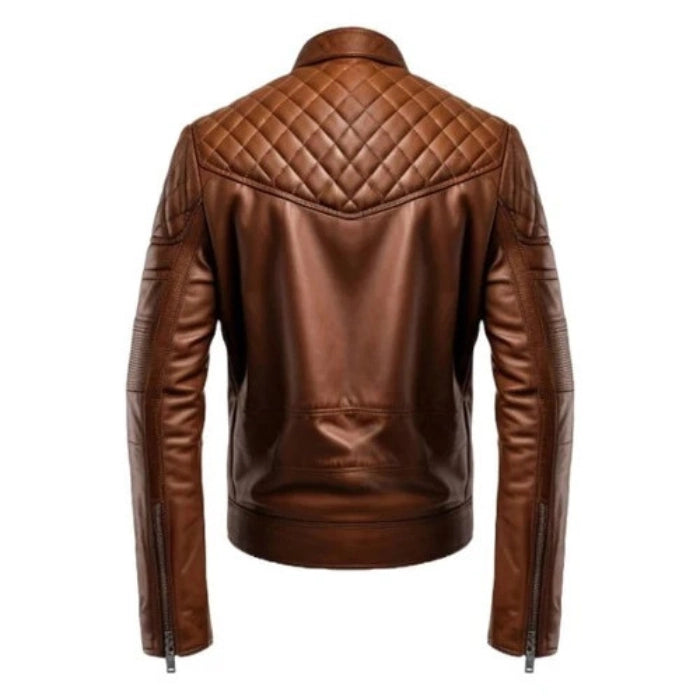 Back view of Brown racer biker leather jacket with quilted design
