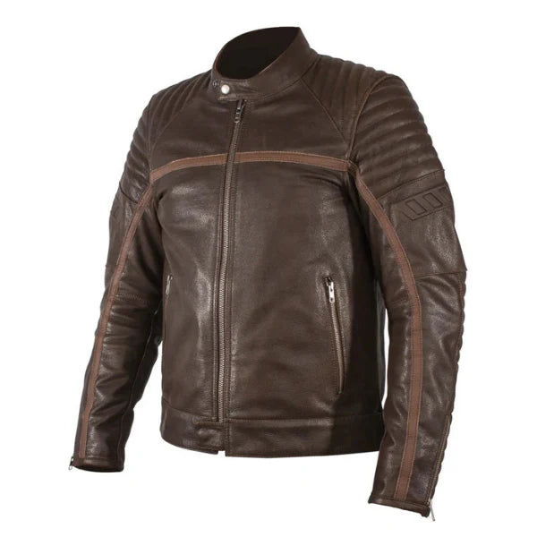 Men's brown motorcycle leather jacket with quilted detailing and a stand-up collar, featuring metal zipper closure and snap buttons.