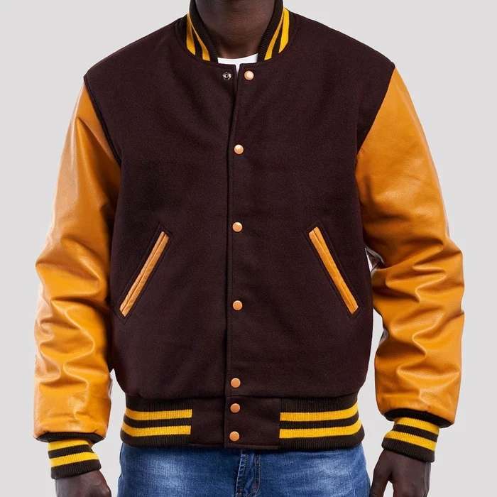 Dark Brown Wool Varsity & Bright Gold Leather Sleeves Jacket