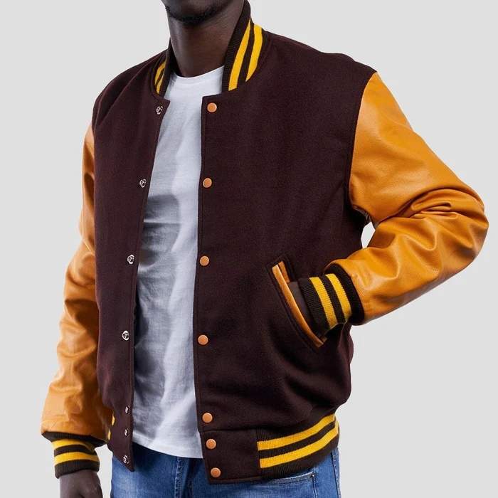 Dark Brown Wool Varsity & Bright Gold Leather Sleeves Jacket
