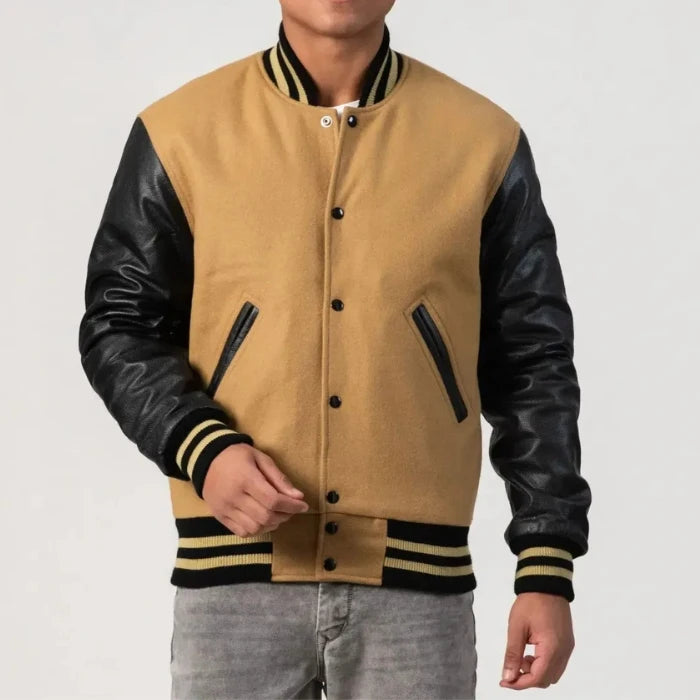 Camel Wool Body & Black Leather Sleeves Varsity Jacket
