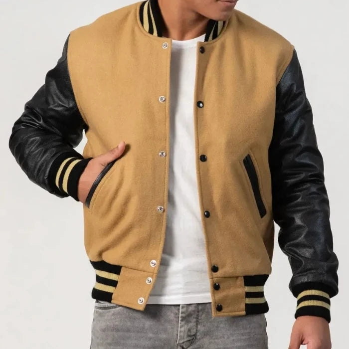 Camel Wool Body & Black Leather Sleeves Varsity Jacket