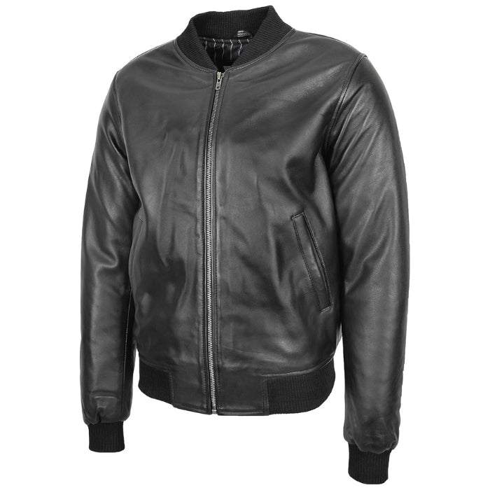 Casual black bomber leather jacket with a ribbed collar, cuffs, and waistband, featuring a full zipper and front pockets