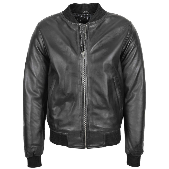 Casual black bomber leather jacket in smooth leather with ribbed waistband and cuffs, showcasing a full zipper and side pockets