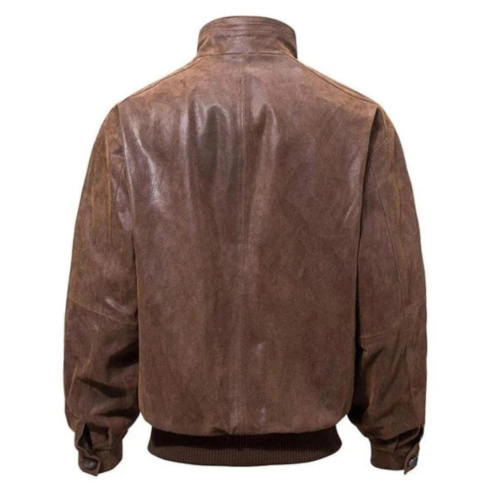 Back view of the Brown casual leather bomber jacket, featuring a sleek leather design with ribbed waistband and cuffs