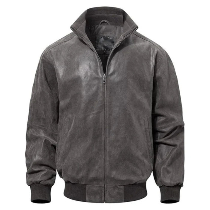 Grey casual leather bomber jacket with a full zipper, ribbed waistband, and cuffs, showing the smooth leather finish