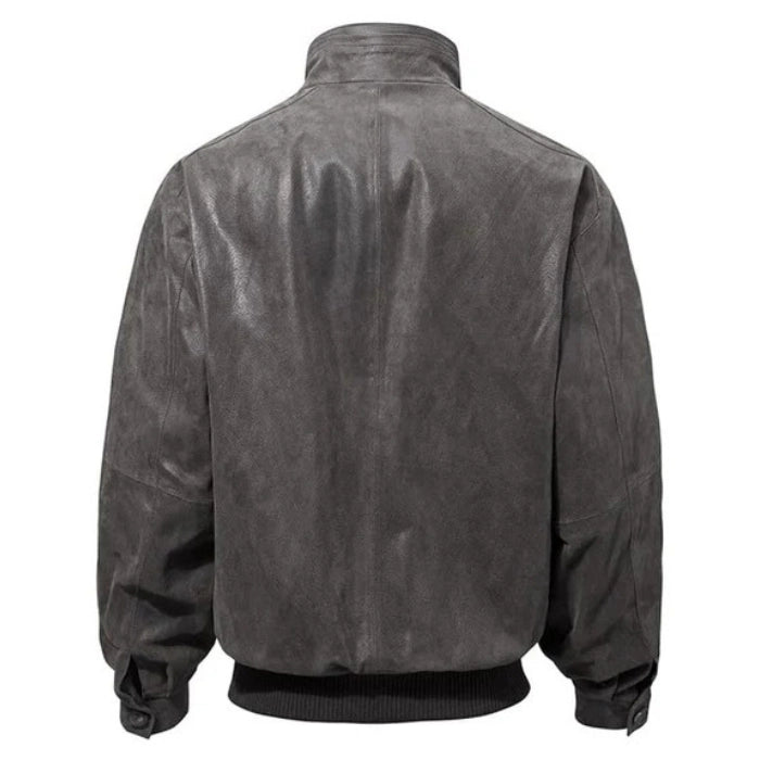 Back view of the grey casual leather bomber jacket, featuring a sleek leather design with ribbed waistband and cuffs