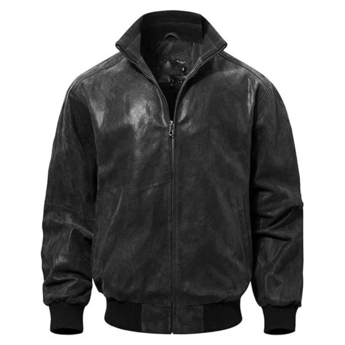 Black casual leather bomber jacket with a full zipper, ribbed waistband, and cuffs, showing the smooth leather finish