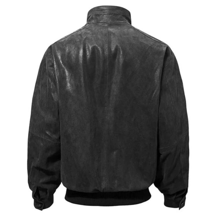 Back view of the Black casual leather bomber jacket, featuring a sleek leather design with ribbed waistband and cuffs