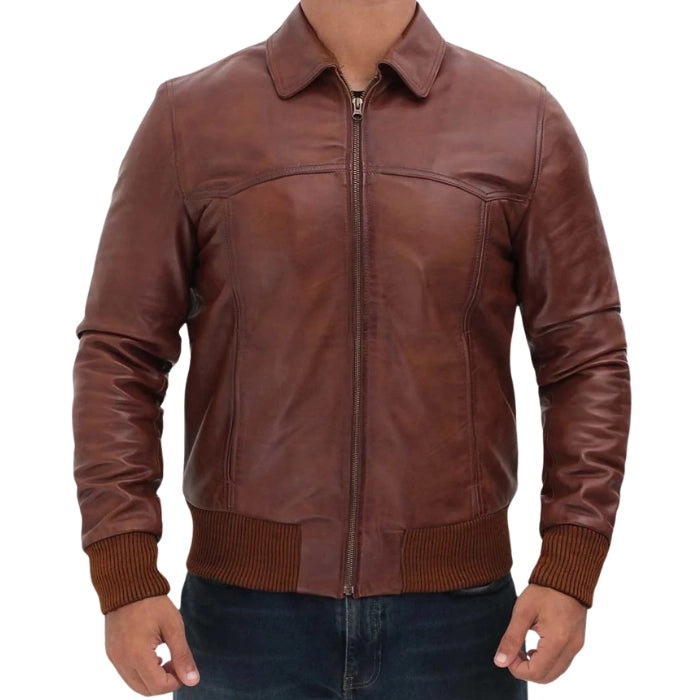 Men's Classic Shirt Collar Leather Bomber Jacket