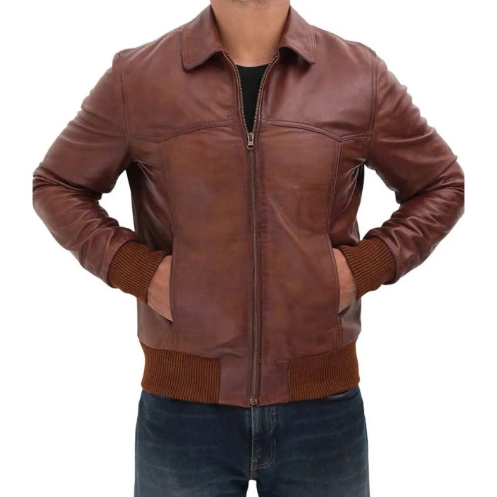 Men's Classic Shirt Collar Leather Bomber Jacket
