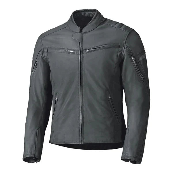 A Men's Cosmo Held Motorcycle Leather Jacket in black color with a standing collar, zippered front, and zippered pockets on the sides.