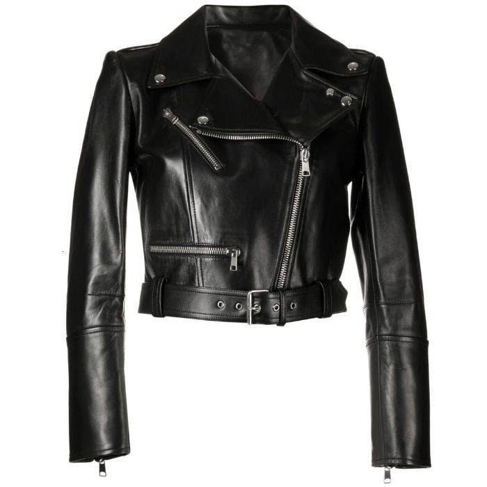 Kavira Cropped Belted Leather Biker Jacket
