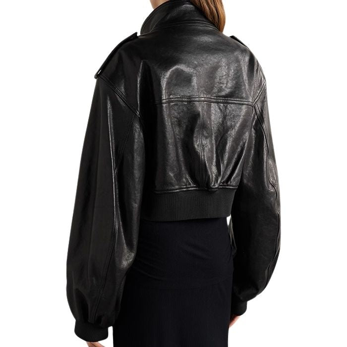 Ayra Cropped Leather Bomber Jacket