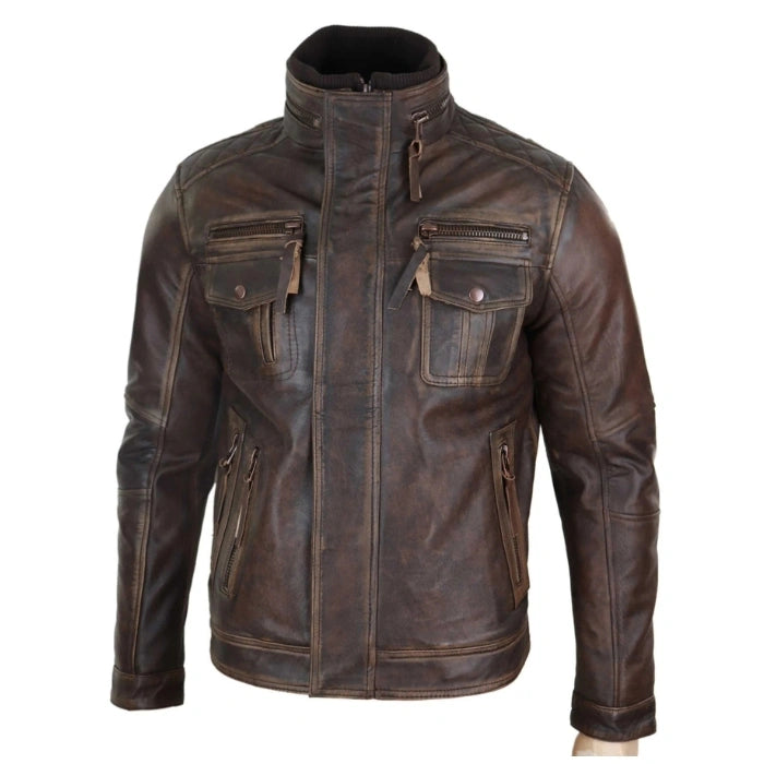 Heritage Distressed Leather Military Biker Jacket