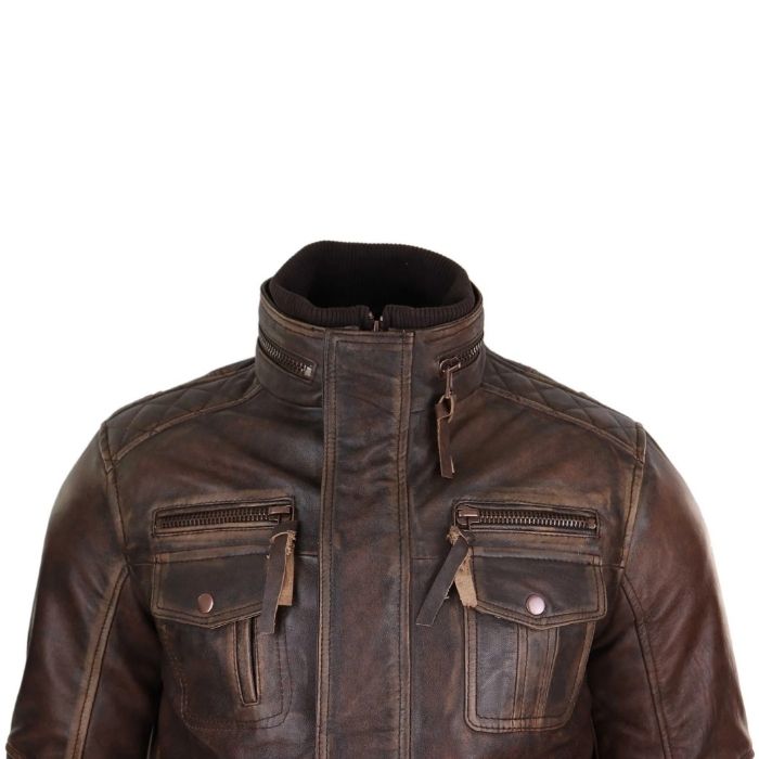 Heritage Distressed Leather Military Biker Jacket