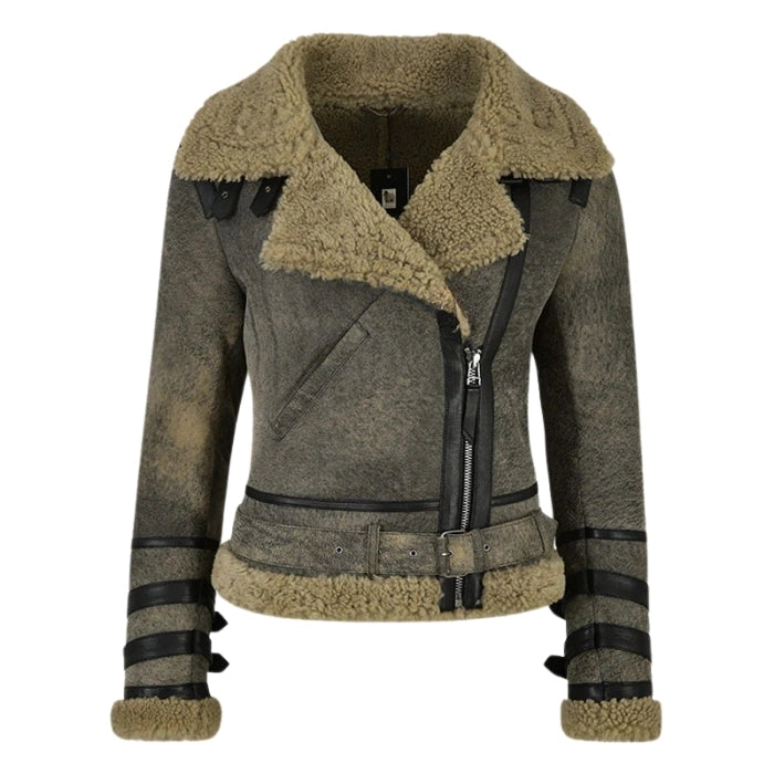 Elyssia B3 Aviator Women's Shearling Jacket Olive