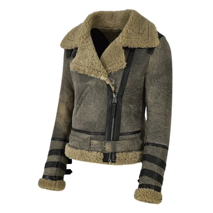 Elyssia B3 Aviator Women's Shearling Jacket Olive