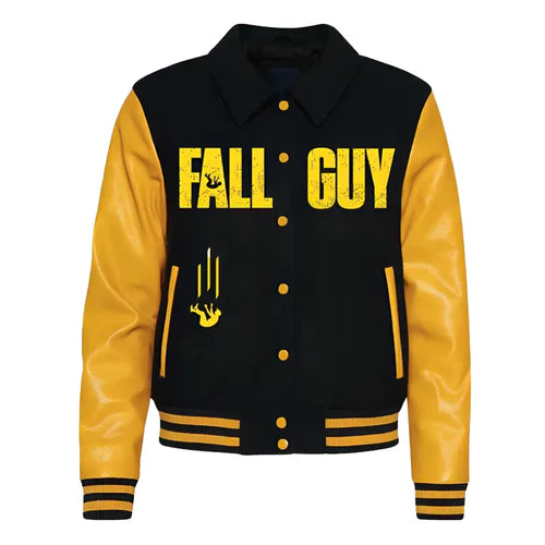 A black and yellow varsity jacket with 'FALL GUY' text on the front, leather sleeves, and a classic collar.