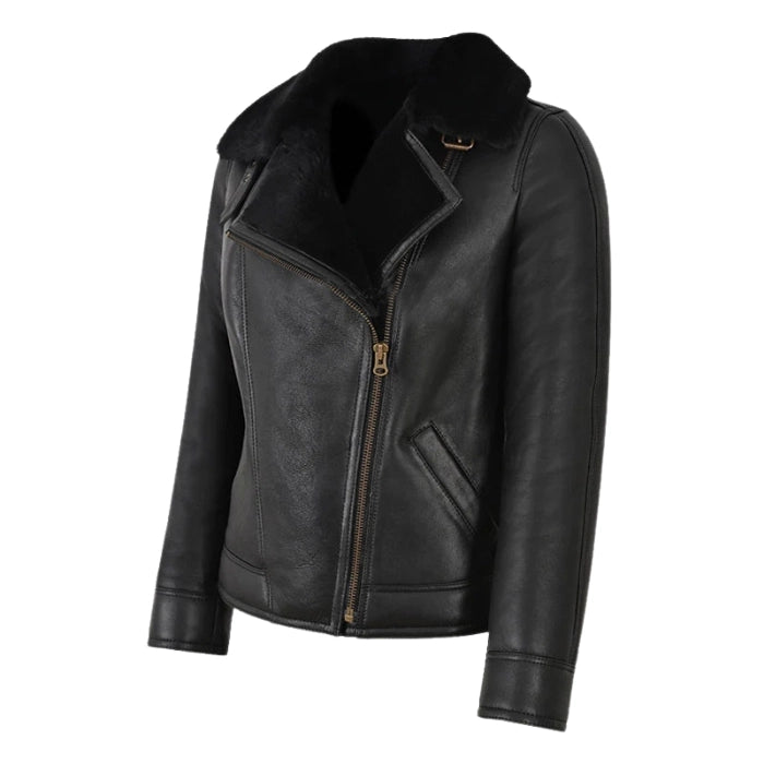 Falvor Ladies Sheepskin Pilot Shearling Leather Jacket Black