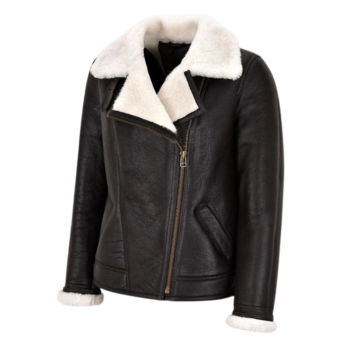Falvor Ladies Sheepskin Pilot Shearling Leather Jacket Brown
