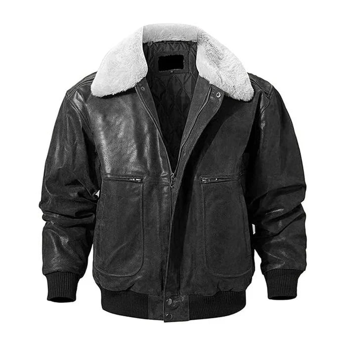 Men's Real Leather Fur Collar Bomber Jacket