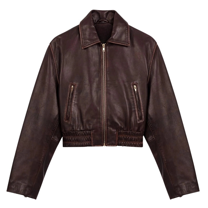Galora Cropped Bomber Leather Jacket