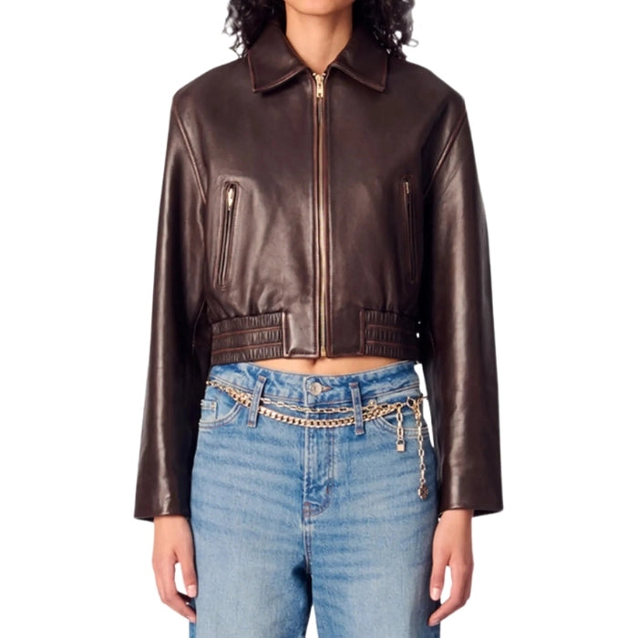 Galora Cropped Bomber Leather Jacket