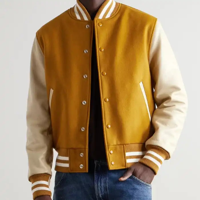 Prescott Gold Wool & Beige Leather Varsity Jacket