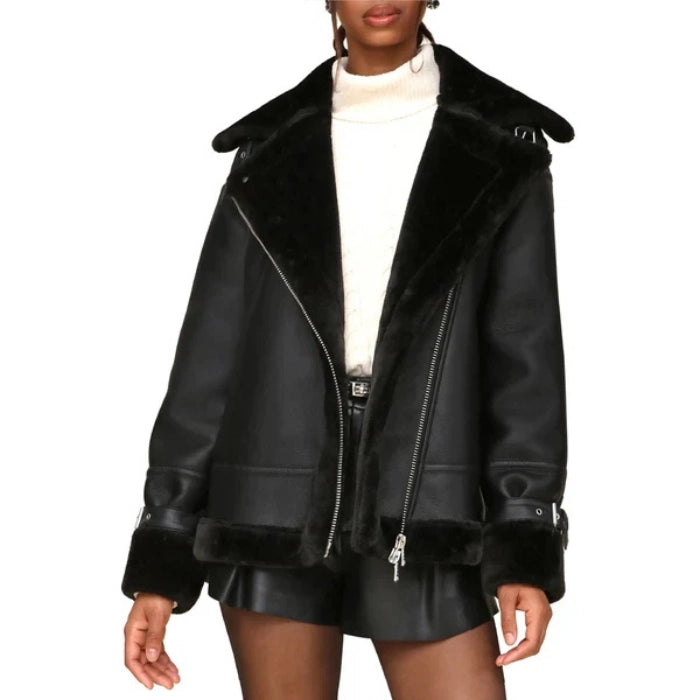 Gravelle Oversized Shearling Moto Leather Jacket