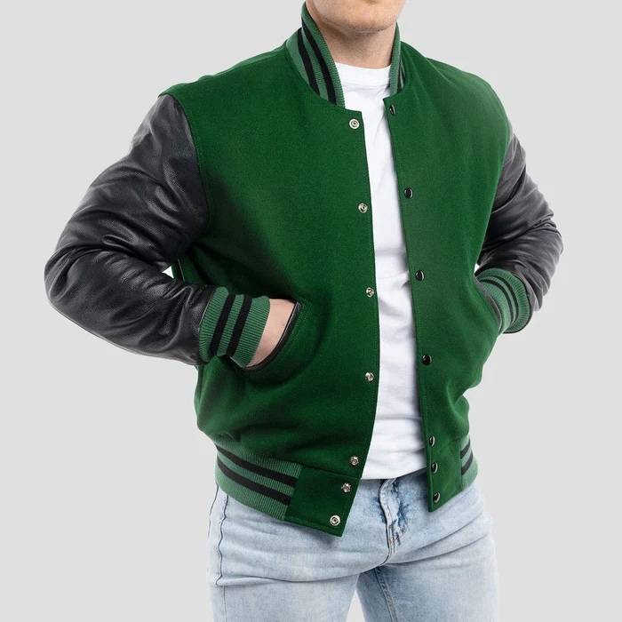 Green Wool Body & Black Leather Sleeves Varsity Jacket