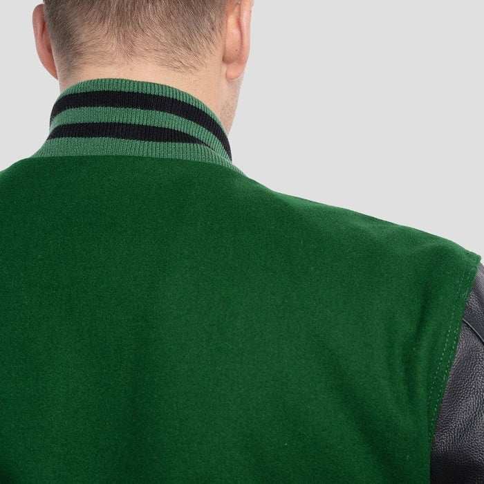 Green Wool Body & Black Leather Sleeves Varsity Jacket