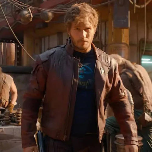 Chris Pat wearing a deep maroon leather jacket with a stand-up collar and a zipper front, inspired by Chris Pratt's Star-Lord jacket in Guardians of the Galaxy.
