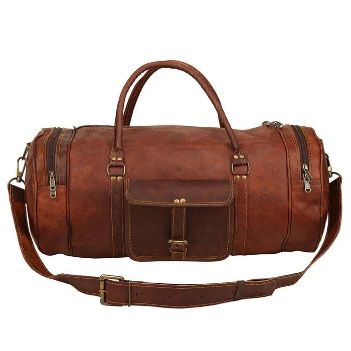Brown leather duffel bag with gold buckles on a white background