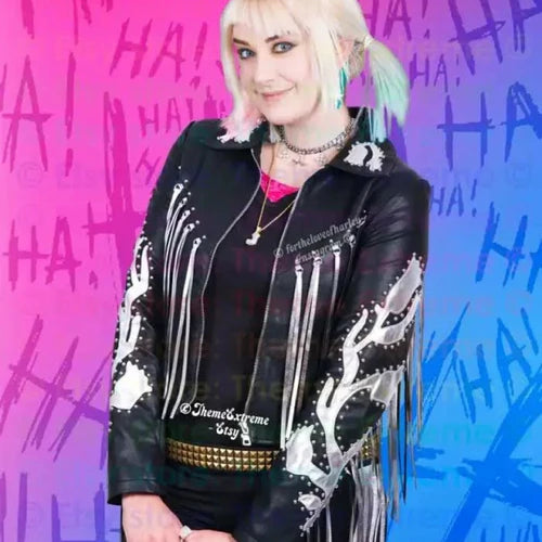 A person wearing a black and silver fringe jacket with a classic shirt-style collar and long sleeves, inspired by Harley Quinn's outfit from the movie Birds of Prey.