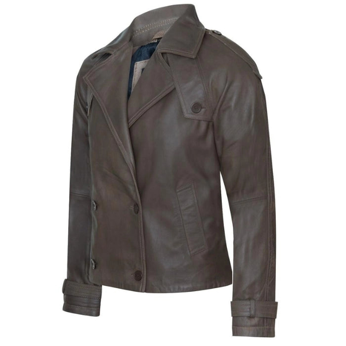 Havrix Cropped Oversized Trench Leather Jacket