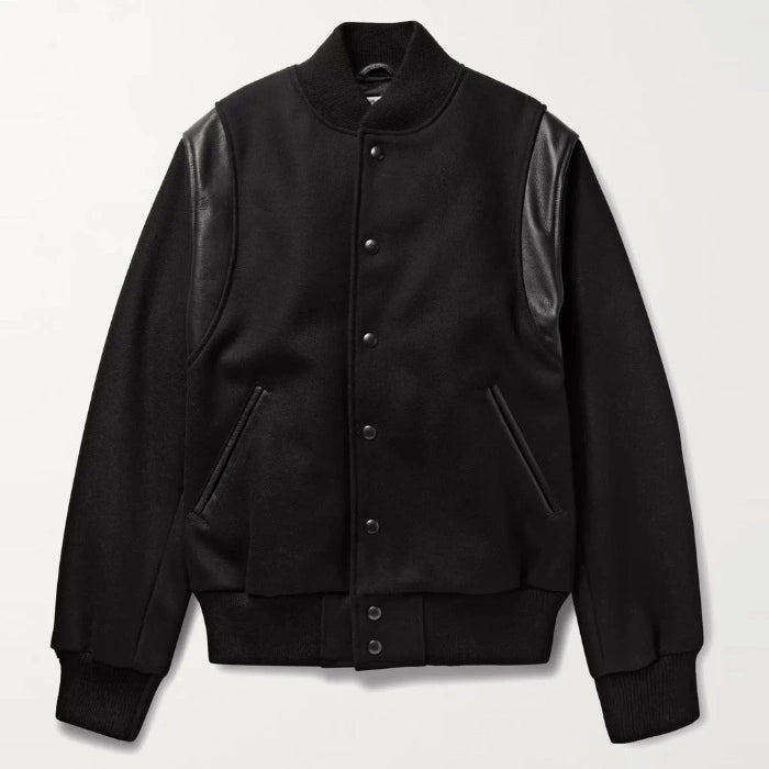 Hayes Black Wool Varsity Jacket with Leather Detail