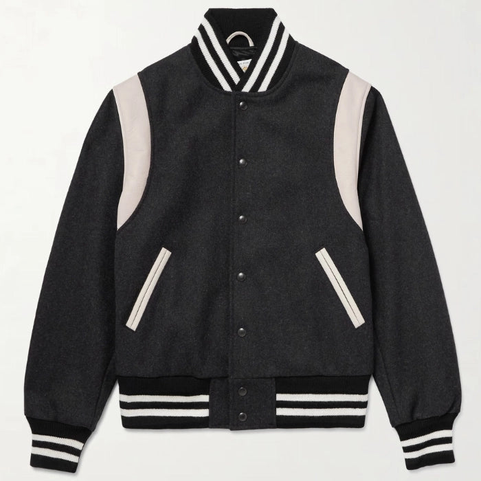Hayes Matte Black Wool Varsity Jacket with Beige Leather Detail